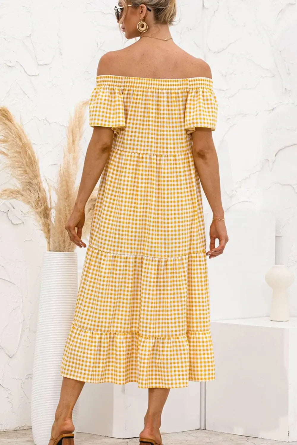Plaid Off-Shoulder Tiered Midi Dress - Trendsi - Flyclothing LLC
