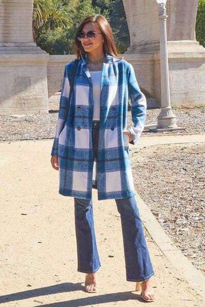 Double Take Full Size Plaid Button Up Lapel Collar Coat - Trendsi - Flyclothing LLC
