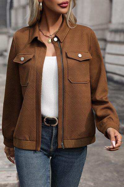 Textured Zip Up Collared Neck Jacket - Trendsi - Flyclothing LLC