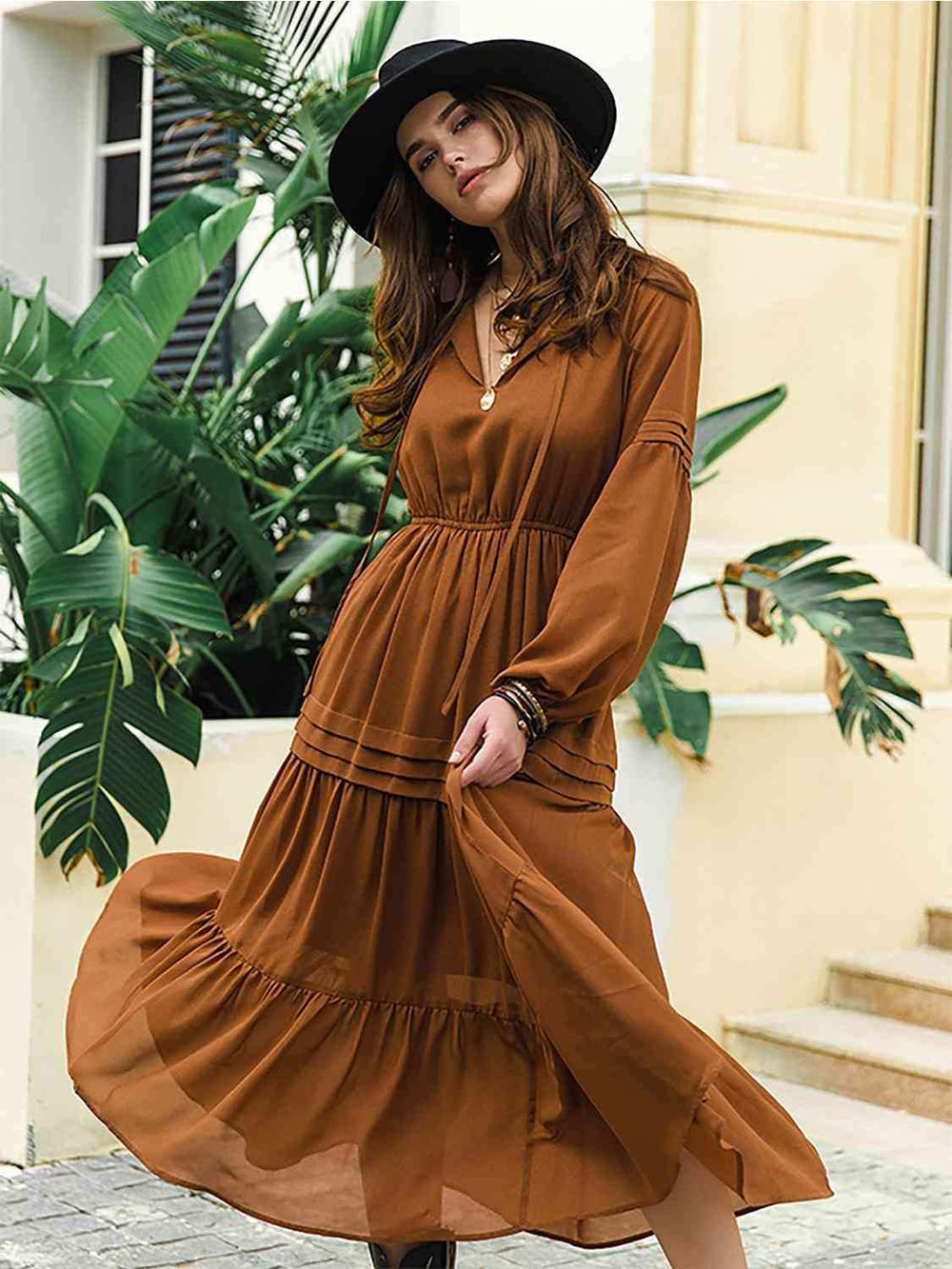 Tie Neck Long Sleeve Midi Tiered Dress - Trendsi - Flyclothing LLC