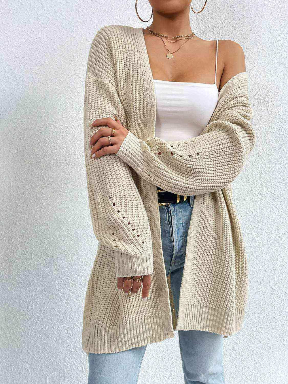 Open Front Dropped Shoulder Slit Cardigan - Trendsi - Flyclothing LLC