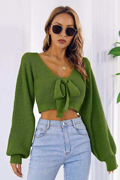 Bow V-Neck Long Sleeve Cropped Sweater - Trendsi - Flyclothing LLC