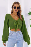 Bow V-Neck Long Sleeve Cropped Sweater - Trendsi - Flyclothing LLC