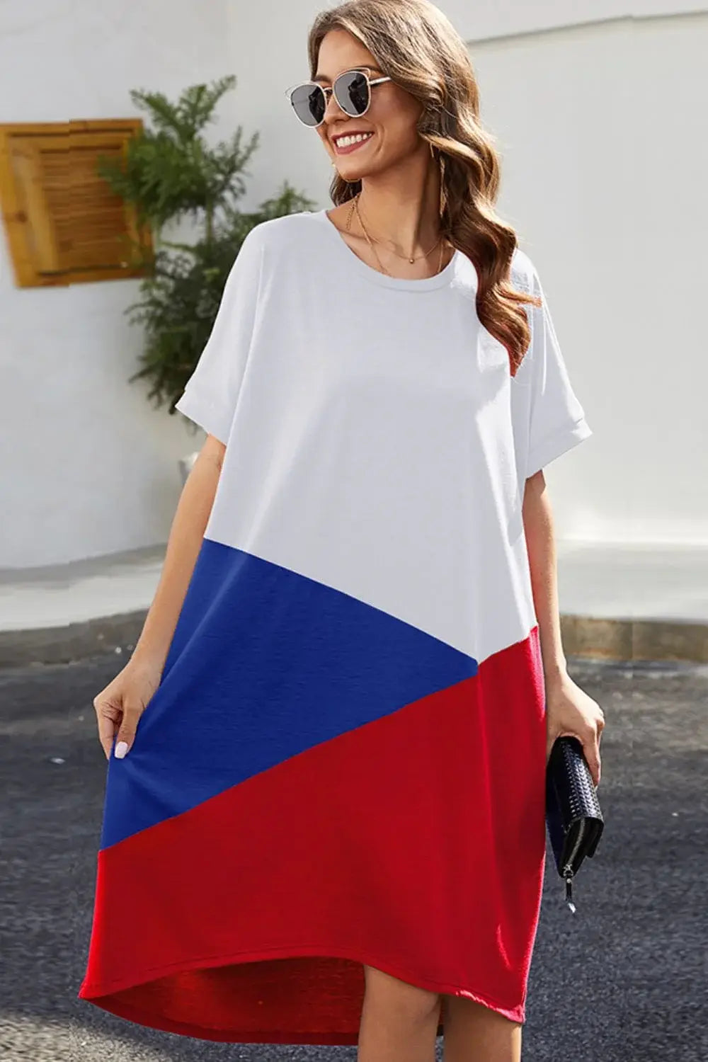 Color Block Round Neck Short Sleeve Dress - Trendsi - Flyclothing LLC