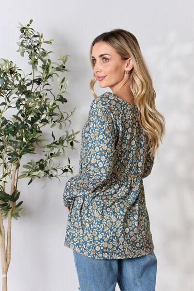 Heimish Full Size Floral Half Button Long Sleeve Blouse - Trendsi