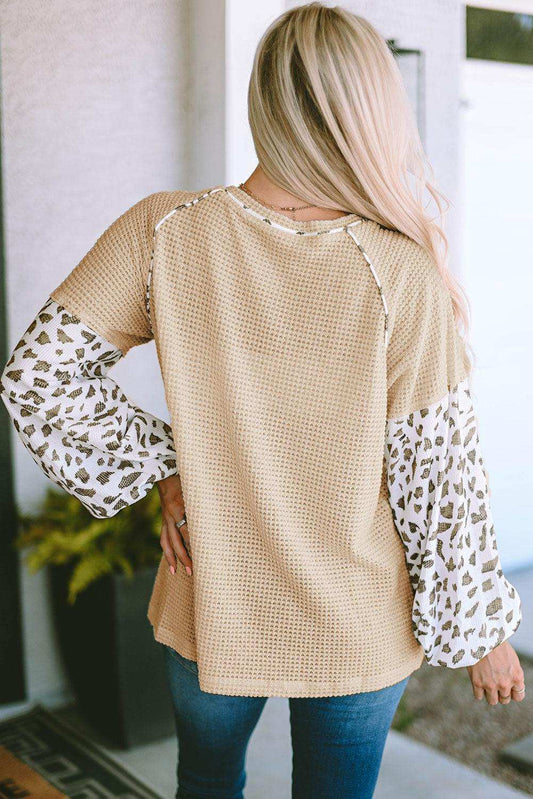Waffle-Knit Balloon Sleeve Blouse - Trendsi - Flyclothing LLC