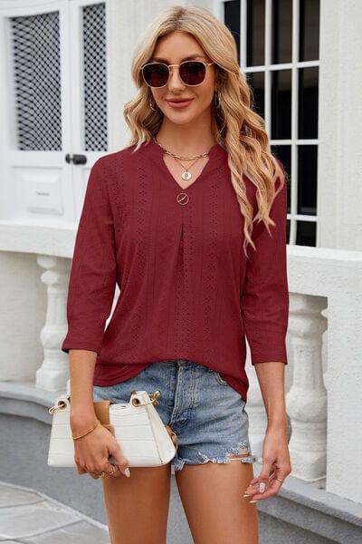 Eyelet Notched Knit Jacquard Top - Trendsi