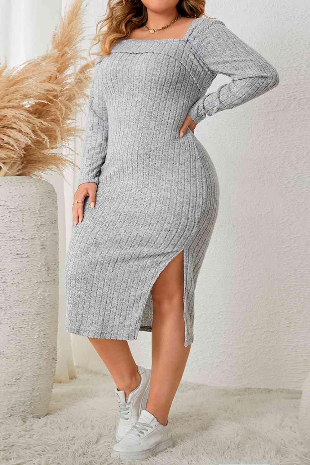 Plus Size Square Neck Long Sleeve Slit Dress - Trendsi