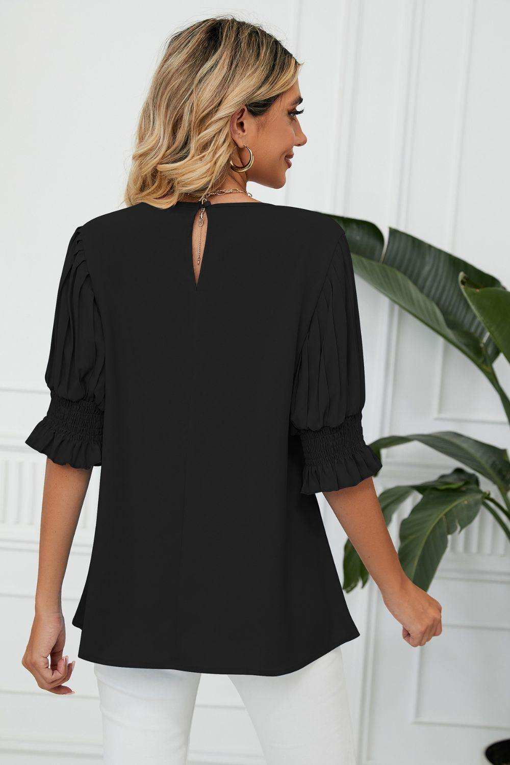 Pleated Flounce Sleeve Keyhole Blouse - Trendsi - Flyclothing LLC