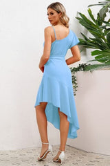 Ruffled Asymmetrical Neck Flutter Sleeve Dress - Trendsi