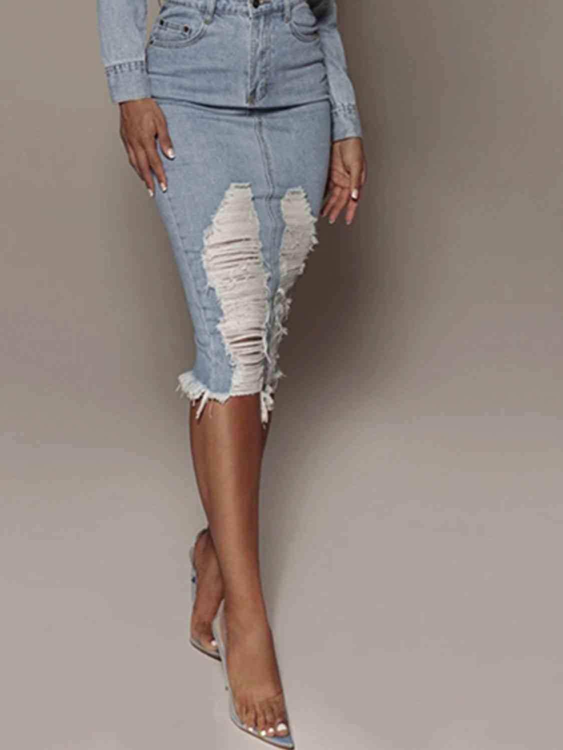 Distressed Slit Denim Skirt - Trendsi - Flyclothing LLC