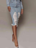Distressed Slit Denim Skirt - Trendsi