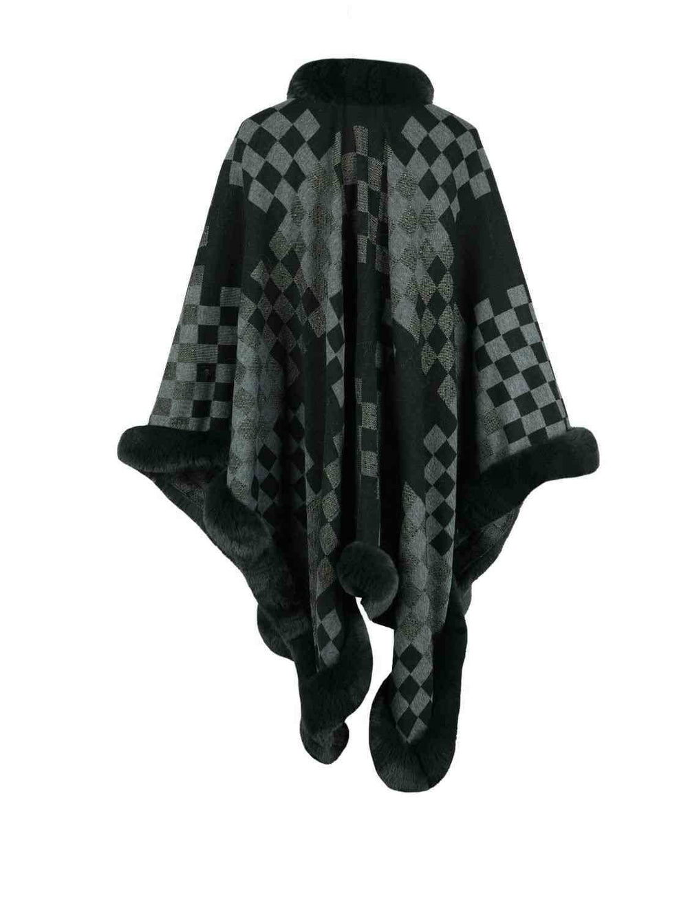 Checkered Faux Fur Trim Poncho - Trendsi - Flyclothing LLC