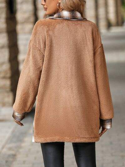 Plaid Contrast Dropped Shoulder Coat - Trendsi - Flyclothing LLC
