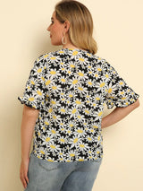 Plus Size Floral Round Neck Tie Hem Blouse - Trendsi - Flyclothing LLC