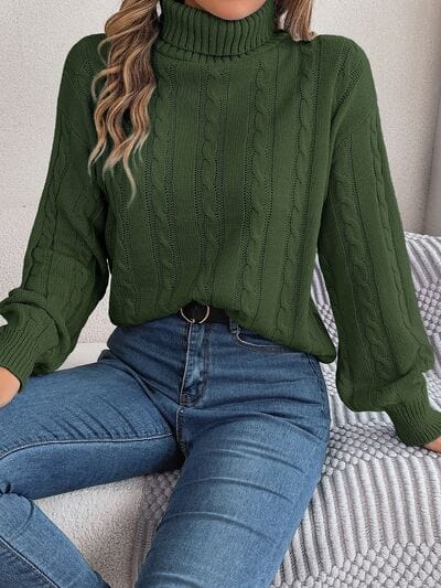Cable-Knit Turtleneck Dropped Shoulder Sweater - Trendsi