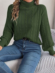 Cable-Knit Turtleneck Dropped Shoulder Sweater - Trendsi