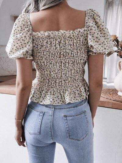 Frill Smocked Square Neck Short Sleeve Blouse - Trendsi - Flyclothing LLC