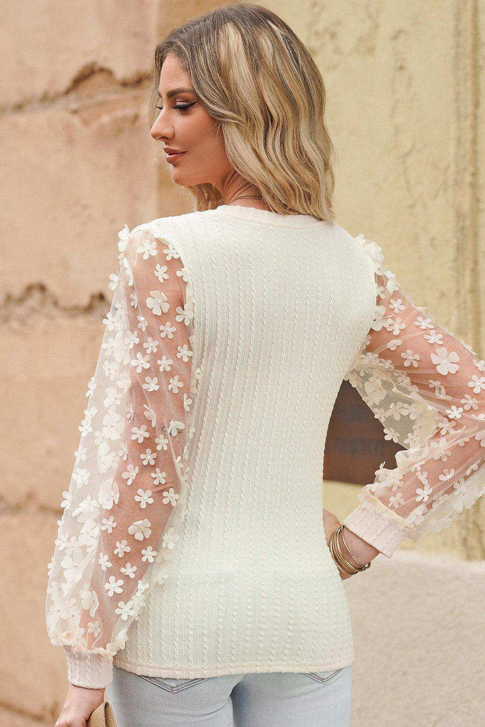 Textured Applique Long Sleeve Blouse - Trendsi - Flyclothing LLC