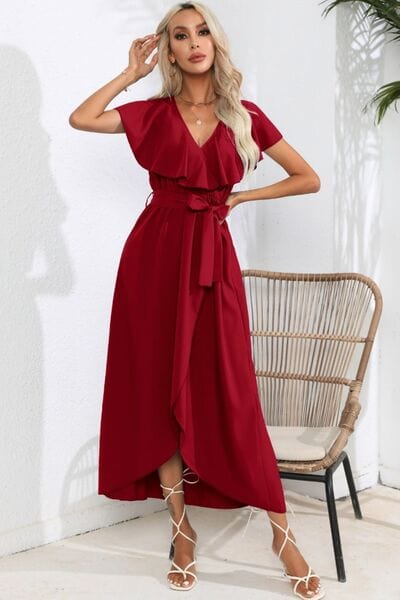 Ruffled Tied V-Neck Midi Dress - Trendsi
