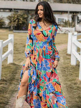 Printed Smocked Tie Neck Balloon Sleeve Maxi Dress - Trendsi - Flyclothing LLC