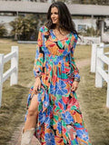 Printed Smocked Tie Neck Balloon Sleeve Maxi Dress - Trendsi - Flyclothing LLC