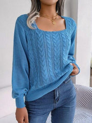 Cable-Knit Square Neck Long Sleeve Sweater - Trendsi