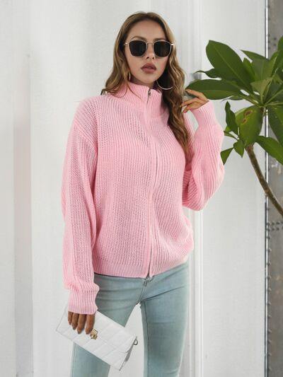 Turtleneck Zip Up Long Sleeve Knit Top - Flyclothing LLC