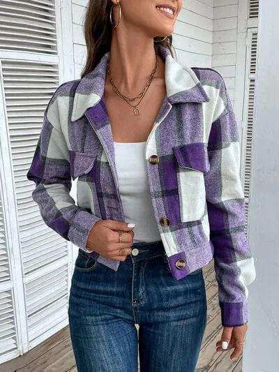 Plaid Button Up Drop Shoulder Cropped Jacket - Trendsi - Flyclothing LLC
