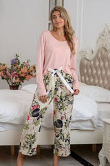 Round Neck Top and Printed Pants Lounge Set - Trendsi