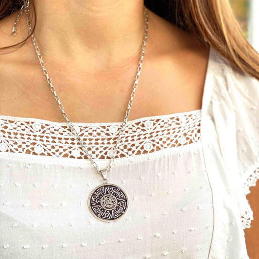Alpaca Silver Aztec Face Pendant with Chain - Artisana