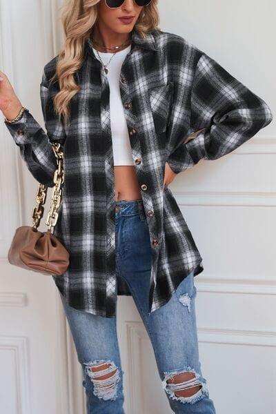 Plaid Button Up Dropped Shoulder Outerwear - Trendsi - Flyclothing LLC
