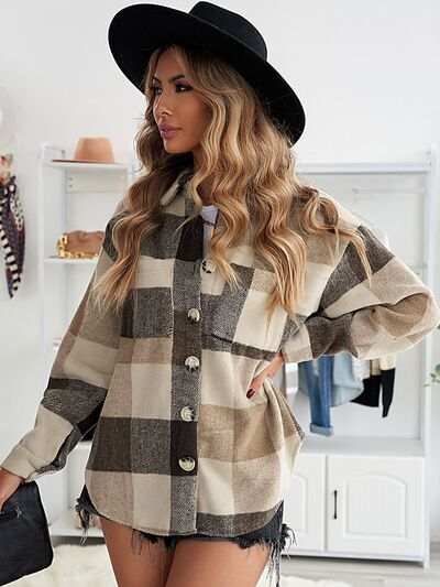 Plaid Button Up Dropped Shoulder Jacket - Trendsi - Flyclothing LLC