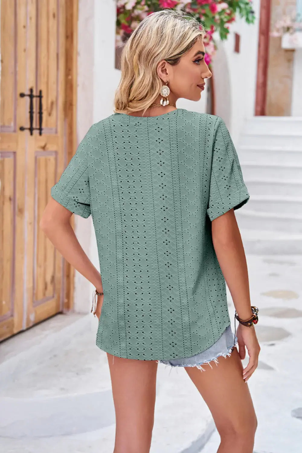 Buttoned Notched Neck Eyelet Top - Trendsi - Flyclothing LLC