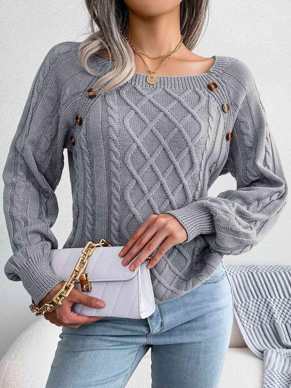 Decorative Button Cable-Knit Sweater - Trendsi
