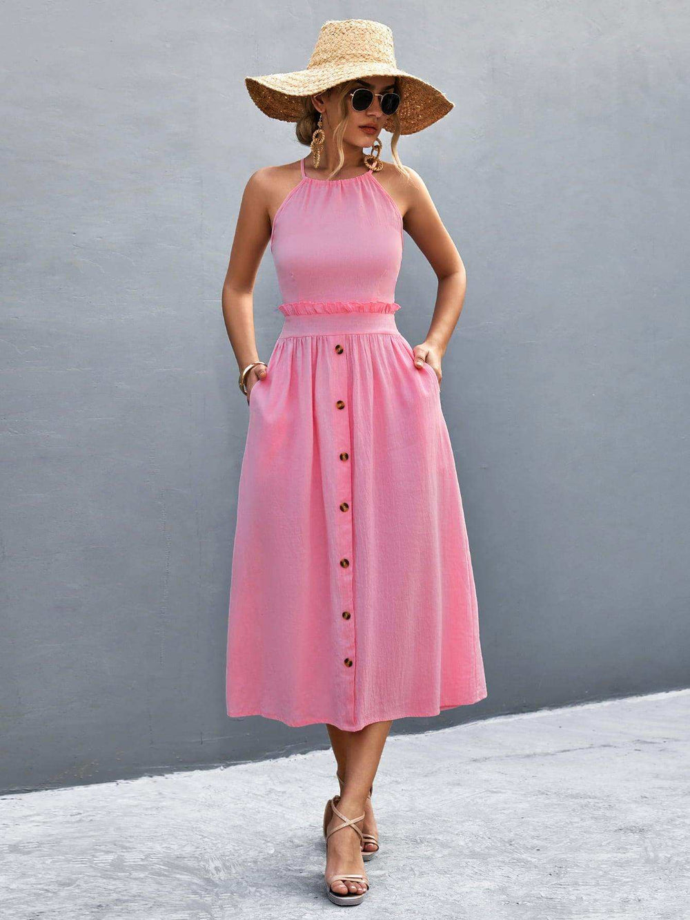 Buttoned Halter Neck Frill Trim Midi Dress - Trendsi - Flyclothing LLC
