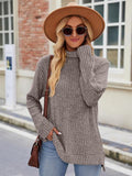 Ribbed Turtleneck Long Sleeve Slit Knit Top - Trendsi