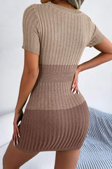 Color Block Cutout Short Sleeve Sweater Dress - Trendsi - Flyclothing LLC