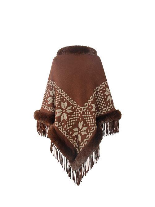Fringe Geometric Cape Sleeve Poncho - Trendsi