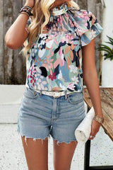 Printed Ruffled Mock Neck Blouse - Trendsi - Flyclothing LLC