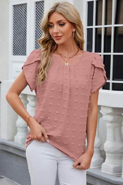 Swiss Dot Round Neck Short Sleeve T-Shirt - Trendsi - Flyclothing LLC