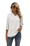 Swiss Dot Notched Neck Three-Quarter Sleeve Blouse - Trendsi - Flyclothing LLC
