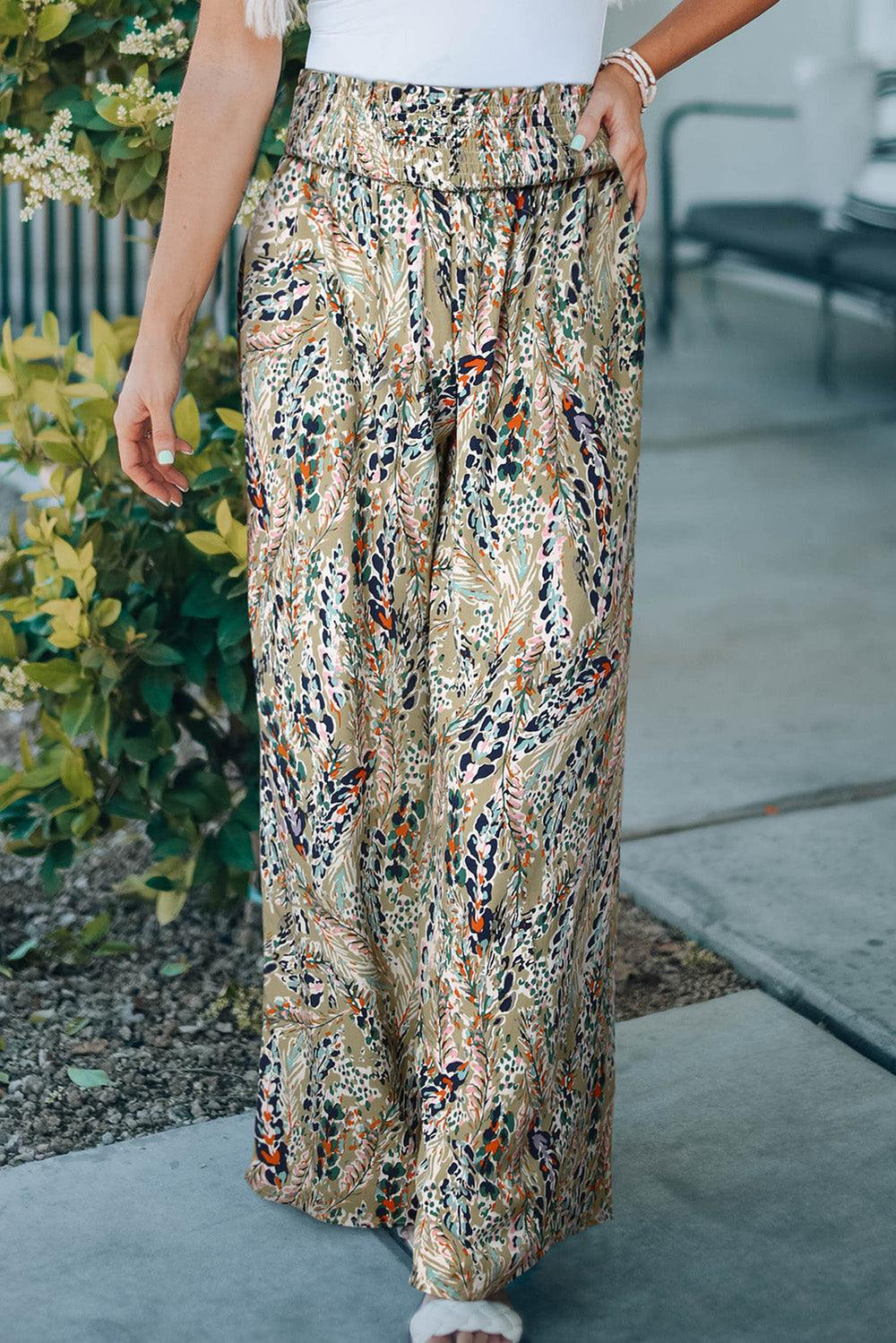 Printed Smocked Waist Wide Leg Pants - Trendsi