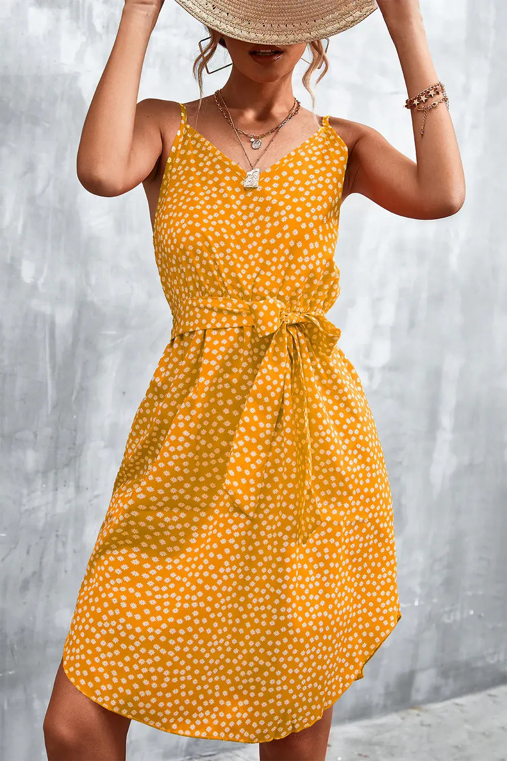 Printed V-Neck Tie Waist Mini Dress - Trendsi - Flyclothing LLC