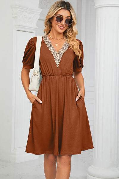 V-Neck Puff Sleeve Dress - Trendsi - Flyclothing LLC