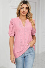 Eyelet Notched Short Sleeve T-Shirt - Trendsi - Flyclothing LLC