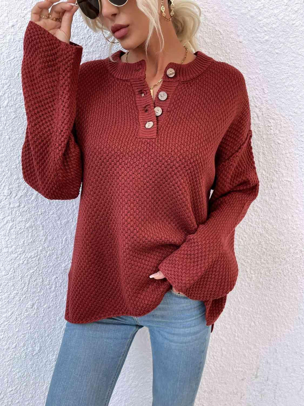 Quarter-Button Slit Sweater - Trendsi