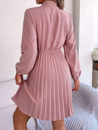 Tie Neck Balloon Sleeve Pleated Dress - Trendsi - Flyclothing LLC