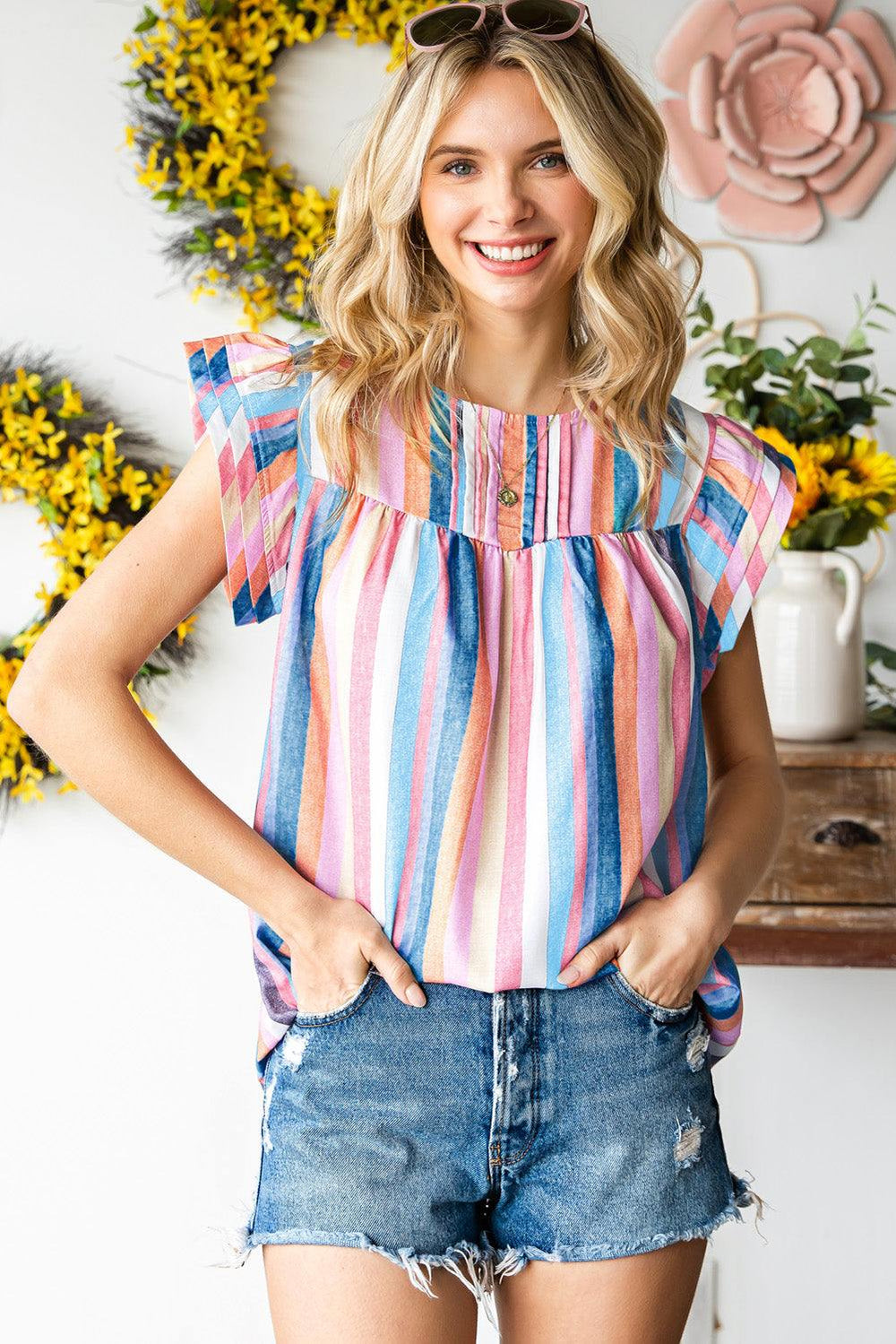 Multicolored Stripe Flutter Sleeve Blouse - Trendsi