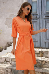 Notched Neck Half Sleeve Midi Dress - Trendsi